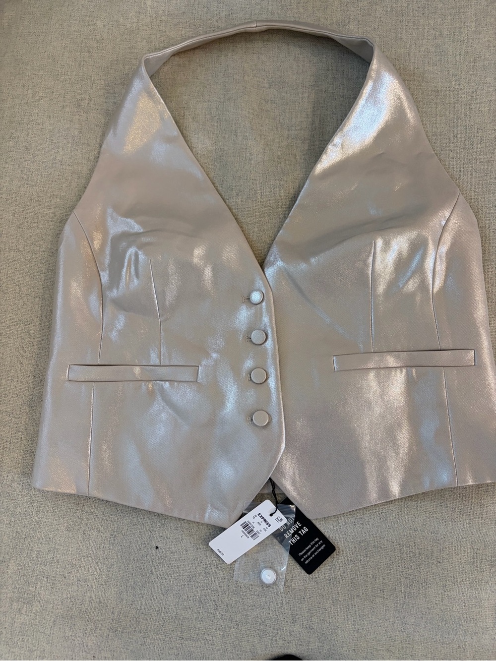 Express Metallic Silver Champagne Halter Vest Top Size L NWT